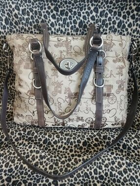 Coach Beige & Brown Signature Canvas Shoulder Tote with Turnlock